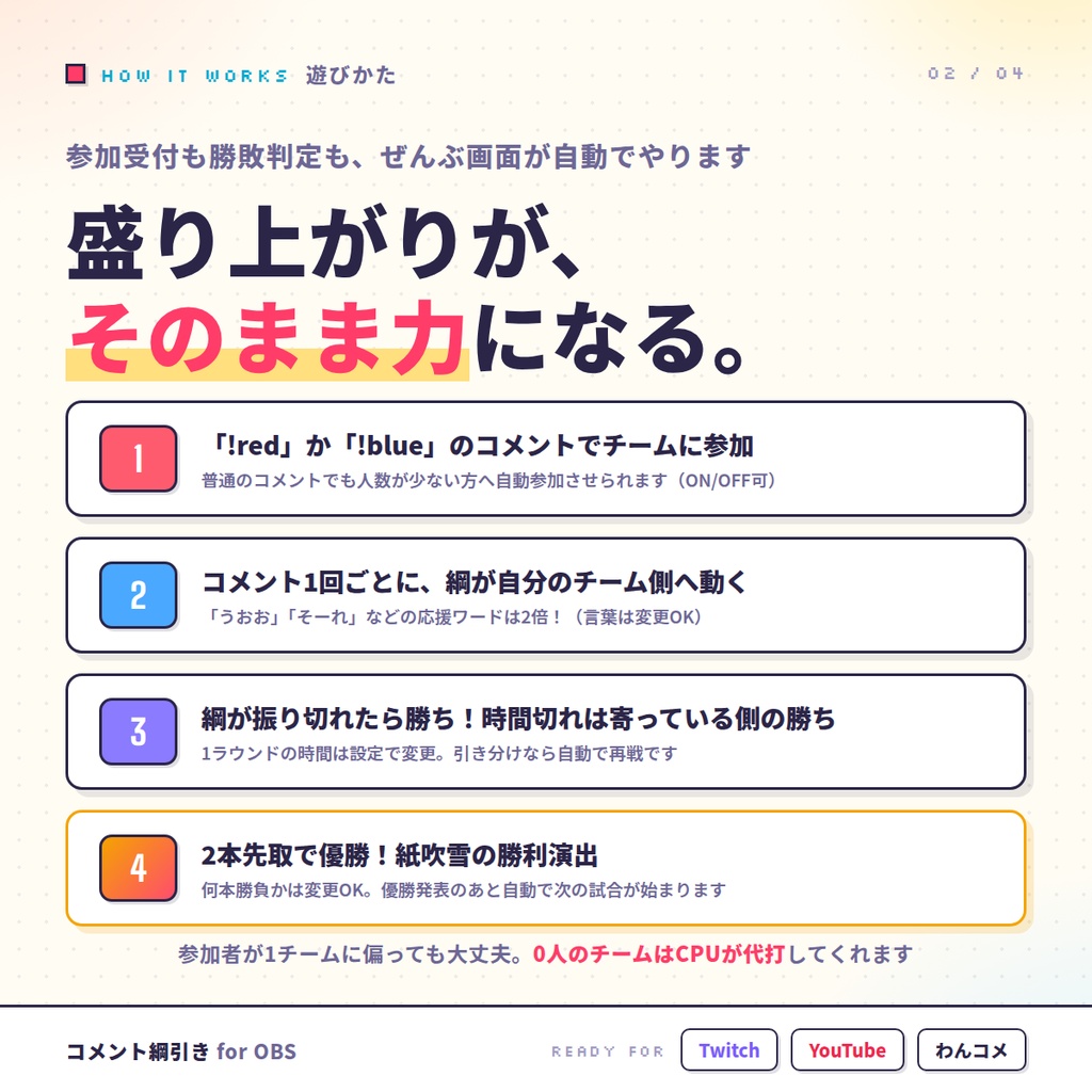 【OBSに置くだけ】コメント綱引き|視聴者が2チームで対戦する参加型ゲーム for 配信(Twitch/わんコメ対応)