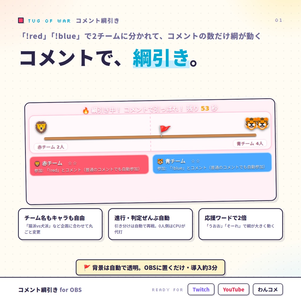 【OBSに置くだけ】コメント綱引き|視聴者が2チームで対戦する参加型ゲーム for 配信(Twitch/わんコメ対応)