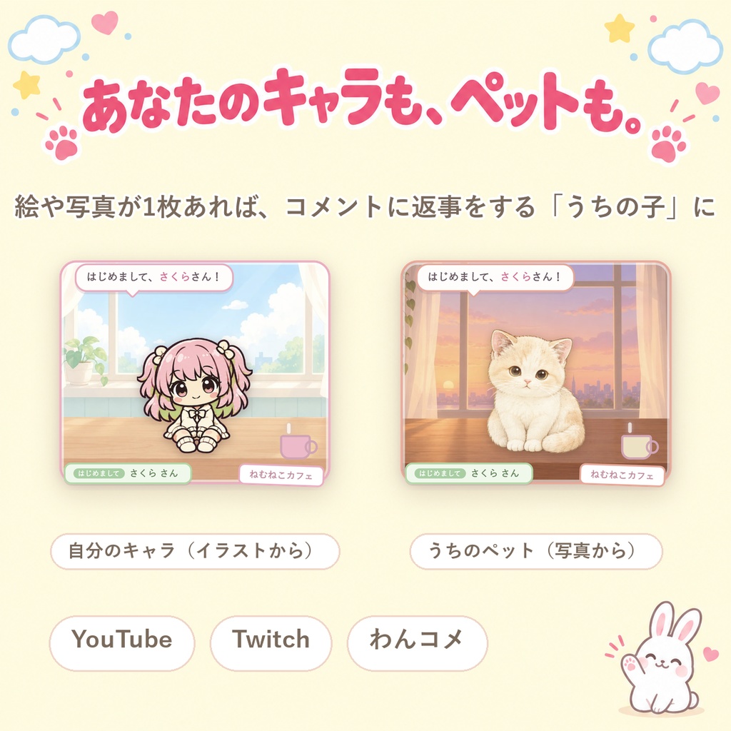 【OBSに置くだけ】うちの子マスコット|あなたのキャラ・ペットがコメントに気づいて可愛く反応/配信で簡単なキャラが欲しい方に(画像1枚からOK・ねこ同梱/Twitch・わんコメ対応)