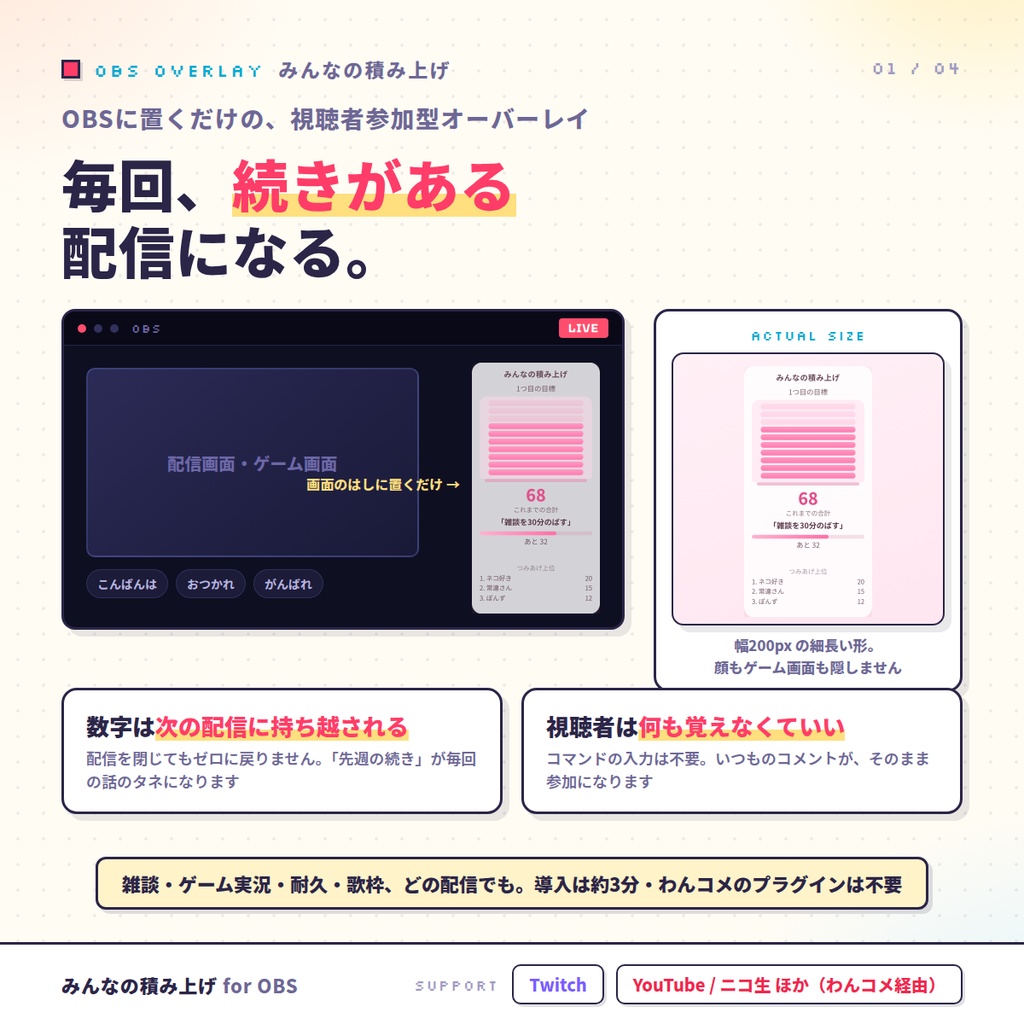 【OBSに置くだけ】みんなの積み上げ|毎回「続き」がある配信になる視聴者参加型オーバーレイ(コメントが次の配信に持ち越される/雑談・ゲーム実況・耐久・歌枠/Twitch・わんコメ対応)
