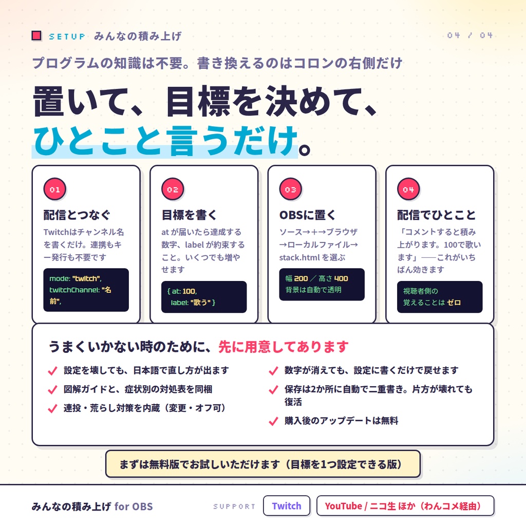 【OBSに置くだけ】みんなの積み上げ|毎回「続き」がある配信になる視聴者参加型オーバーレイ(コメントが次の配信に持ち越される/雑談・ゲーム実況・耐久・歌枠/Twitch・わんコメ対応)