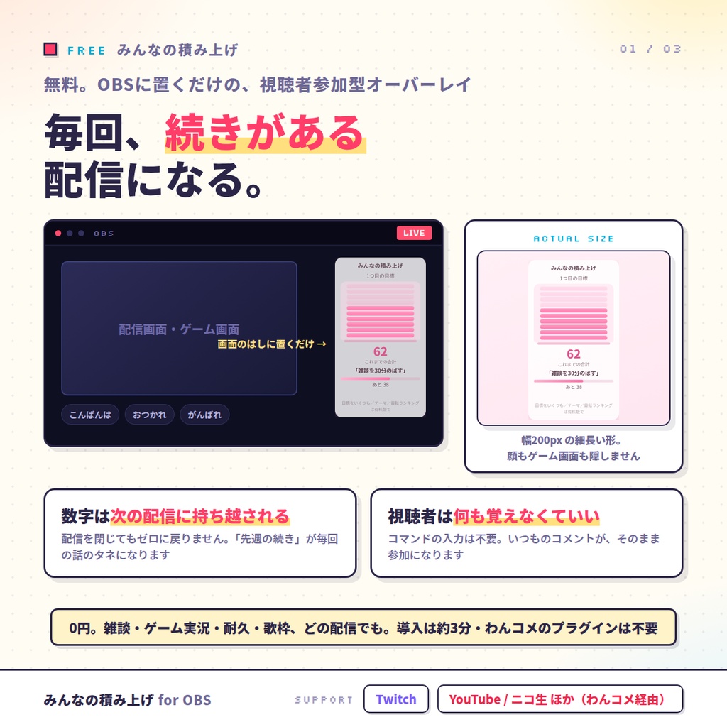 【無料・OBSに置くだけ】みんなの積み上げ 無料版|毎回「続き」がある配信になる視聴者参加型オーバーレイ(コメントが次の配信に持ち越される/Twitch・わんコメ対応)