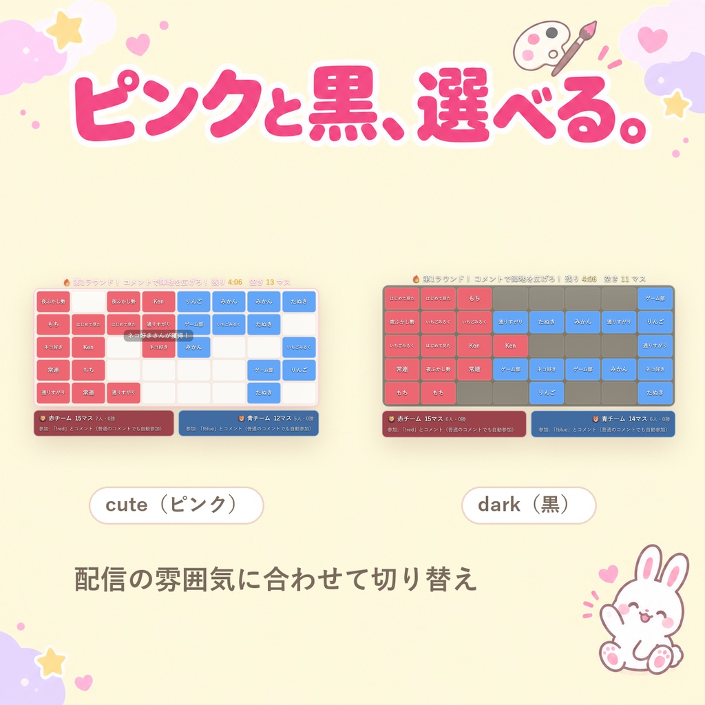【OBSに置くだけ】コメント陣取り|視聴者が2チームでマスをとり合う参加型ゲーム for 配信(Twitch/わんコメ対応)