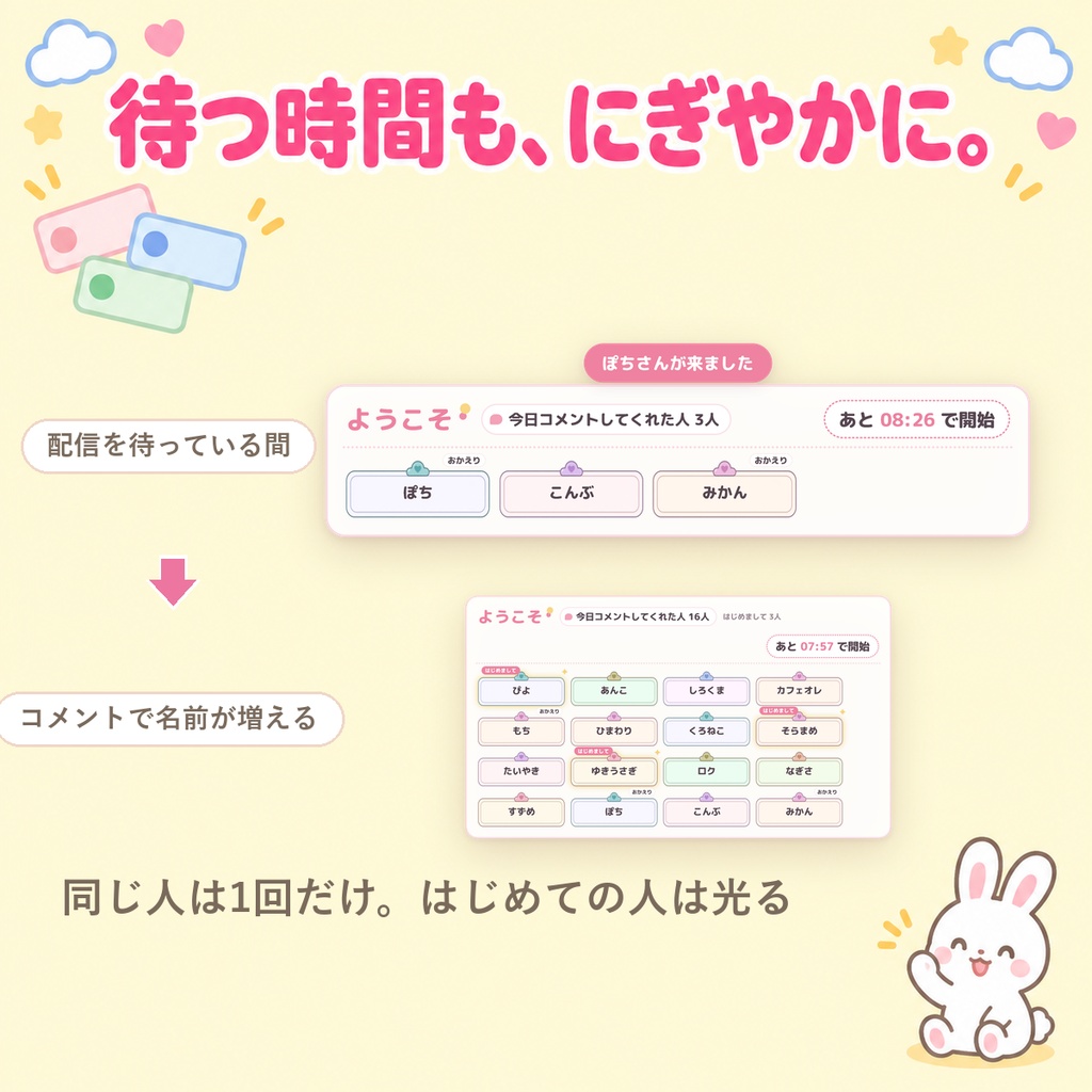 【OBSに置くだけ】コメントで名札が増える待機画面|ウェルカムボード(今日コメントした人が1人1枚ならぶ・はじめての人は光る・Twitch/わんコメ対応)