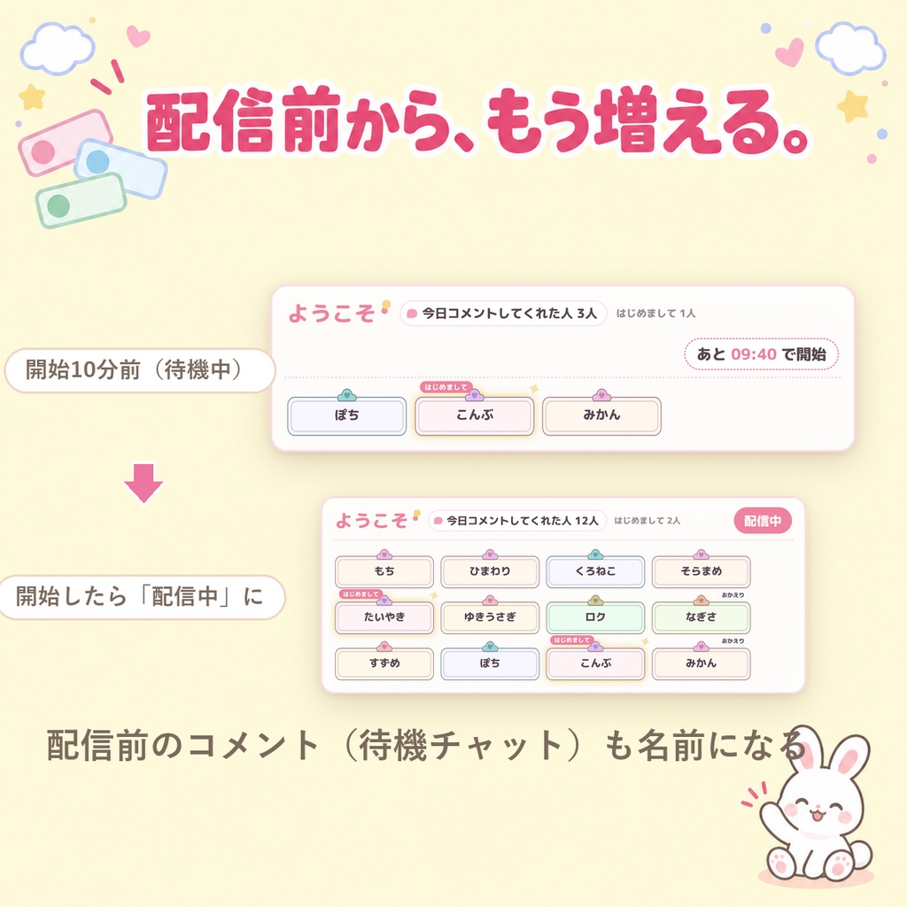 【OBSに置くだけ】コメントで名札が増える待機画面|ウェルカムボード(今日コメントした人が1人1枚ならぶ・はじめての人は光る・Twitch/わんコメ対応)