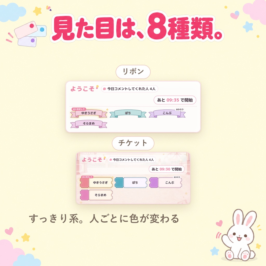 【OBSに置くだけ】コメントで名札が増える待機画面|ウェルカムボード(今日コメントした人が1人1枚ならぶ・はじめての人は光る・Twitch/わんコメ対応)