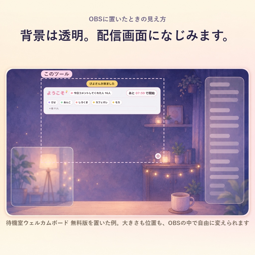 【無料・OBSに置くだけ】コメントで名札が増える待機画面 無料版|ウェルカムボード(名札5枚まで・人数は数え続ける・Twitch/わんコメ対応)