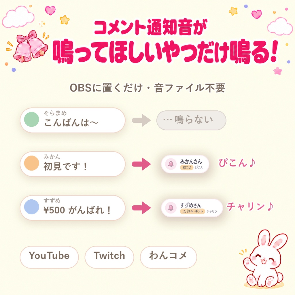 【コメント通知音】鳴ってほしいやつだけ鳴る！コメントの鈴｜初コメ・スパチャだけ音でお知らせ。OBSに置くだけ・音ファイル不要（エモートだけ・メンバーも可／Twitch・わんコメ対応）