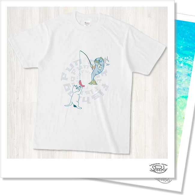 魚の猫釣り Tシャツ★ホワイト★