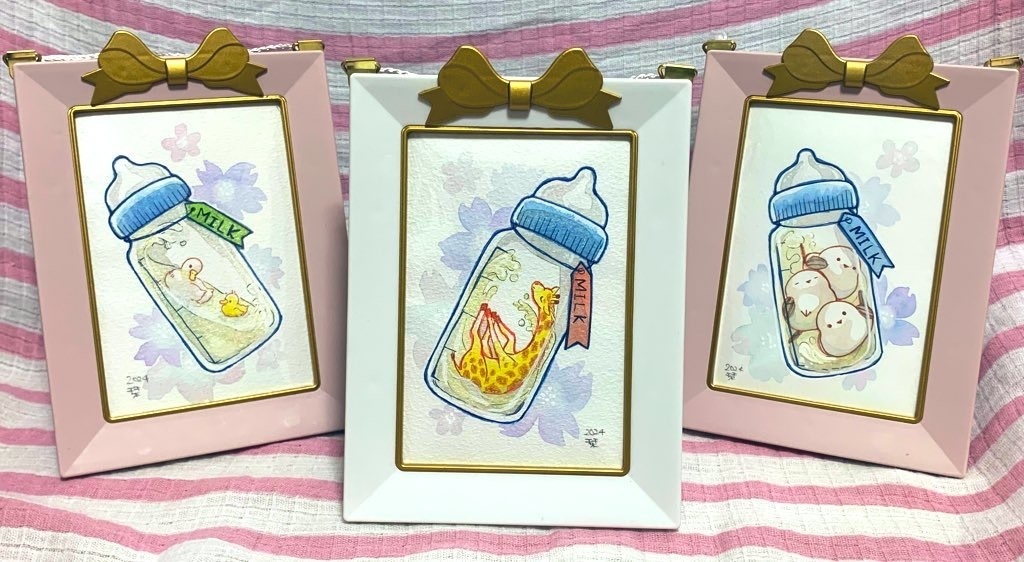 L判 ミルク瓶詰め動物 ミニ原画 オリジナル