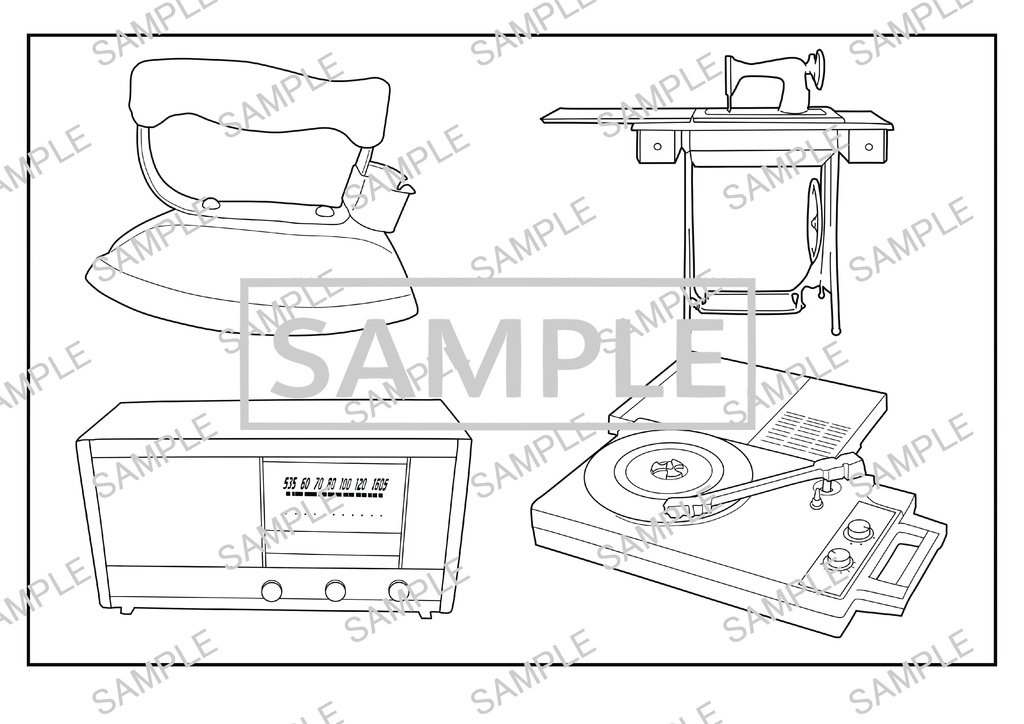 商用利用OK|A4サイズ塗り絵線画「レトロ家具 線画」