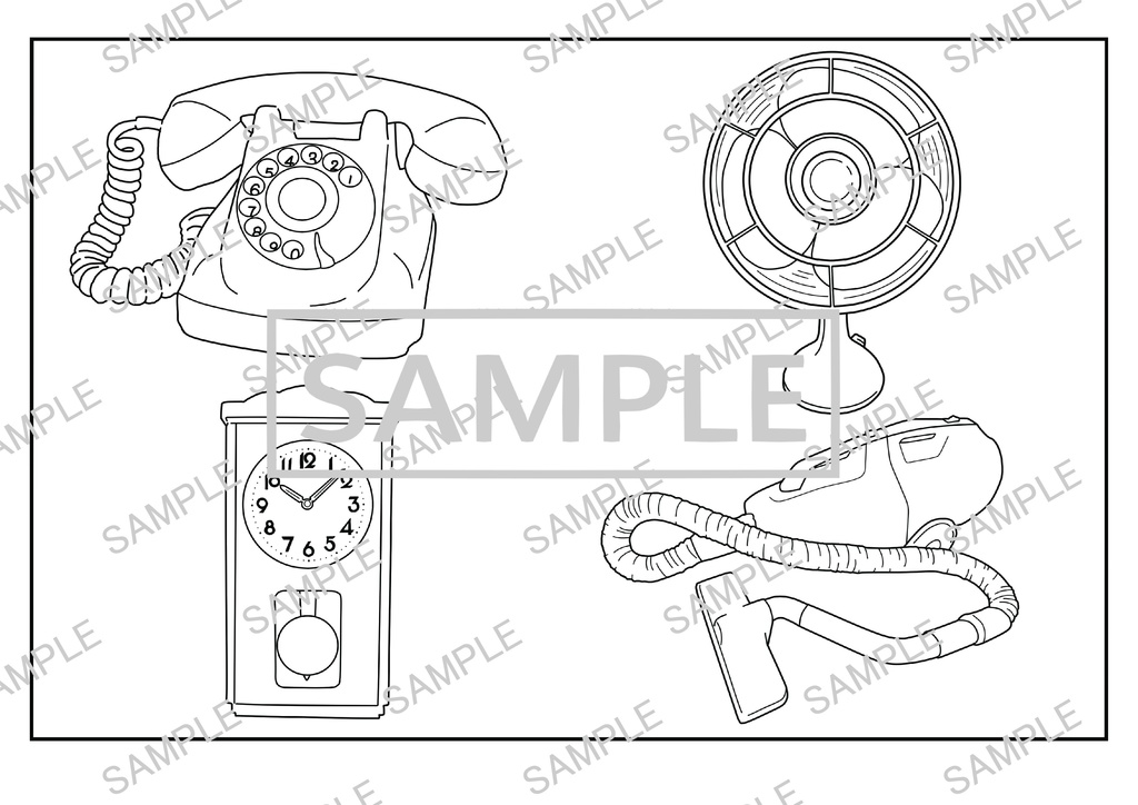 商用利用OK|A4サイズ塗り絵線画「レトロ家具 線画」