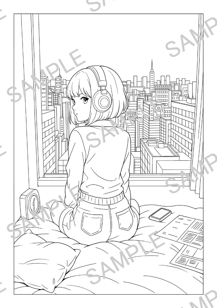 商用利用OK｜A4サイズ塗り絵線画「街並みと少女」