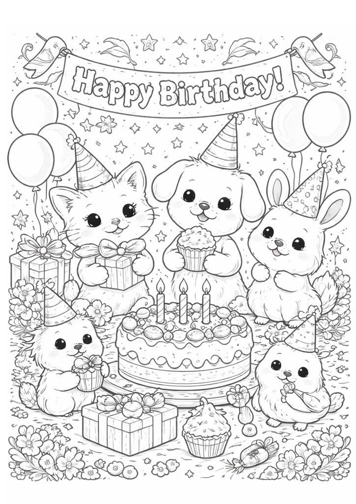 Happy Birthday アニマルパーティー塗り絵（ダウンロードPNG）