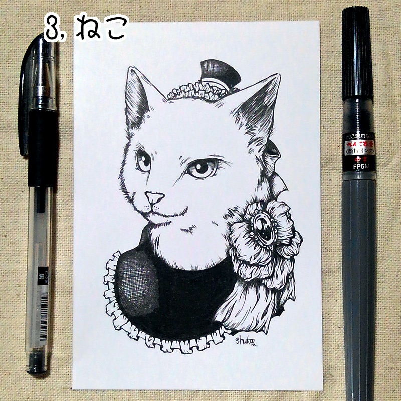 原画「ドラゴン・うさぎ・ねこの3種類」ペン画 ポストカードサイズ