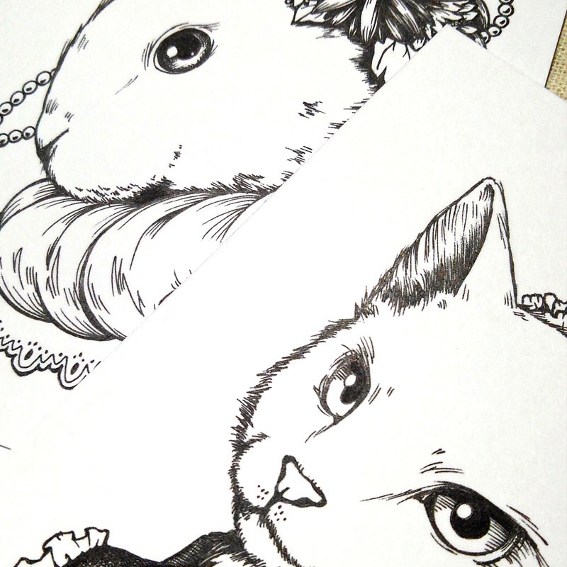 原画「ドラゴン・うさぎ・ねこの3種類」ペン画 ポストカードサイズ