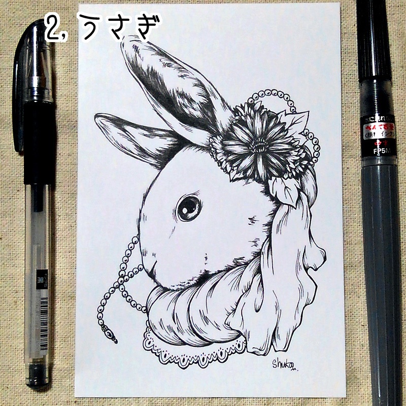 原画「ドラゴン・うさぎ・ねこの3種類」ペン画 ポストカードサイズ