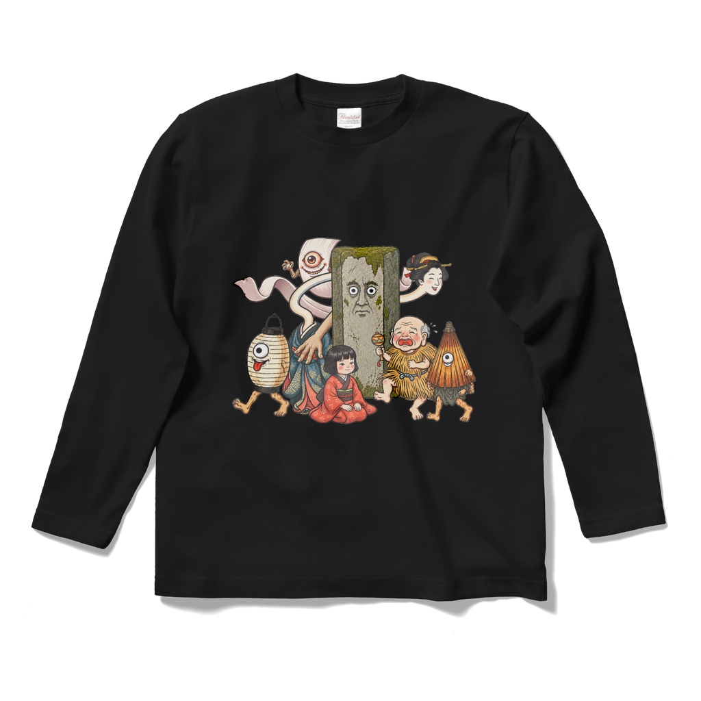 日本のかわいい妖怪たち ヌリカベ ロングスリーブTシャツ