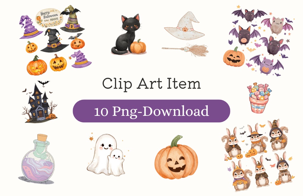 パステルカラー・可愛いハロウィーンクリップアートセット（全10種類）