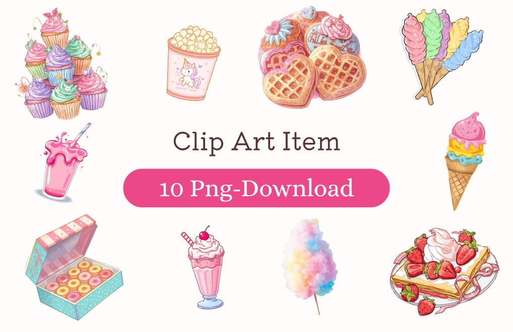 海外パークフードシリーズ|パステルカラーの可愛いクリップアート10点セット(PNG背景透過)