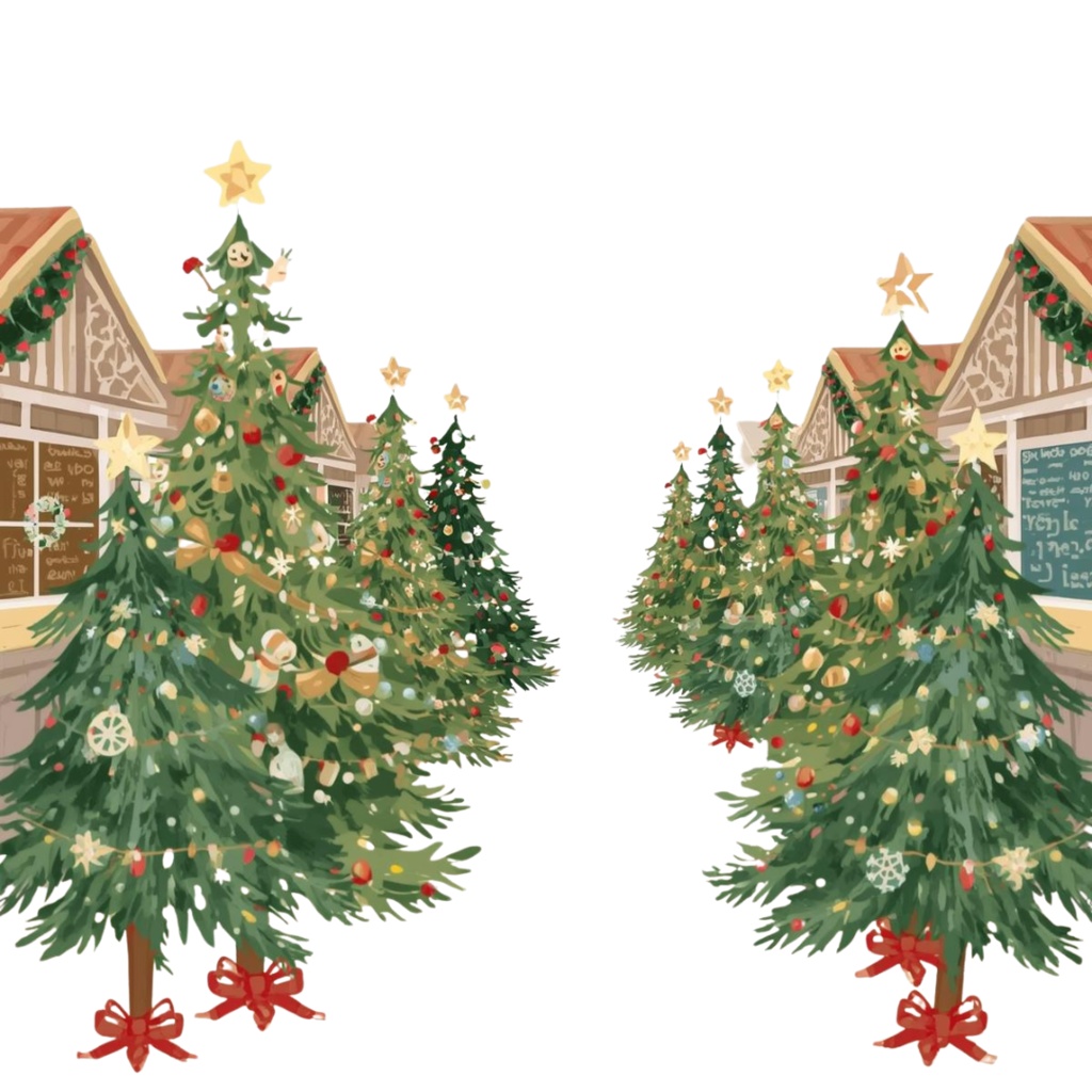 パステルカラーの可愛い海外クリスマスツリークリップアート(全10種/PNG)