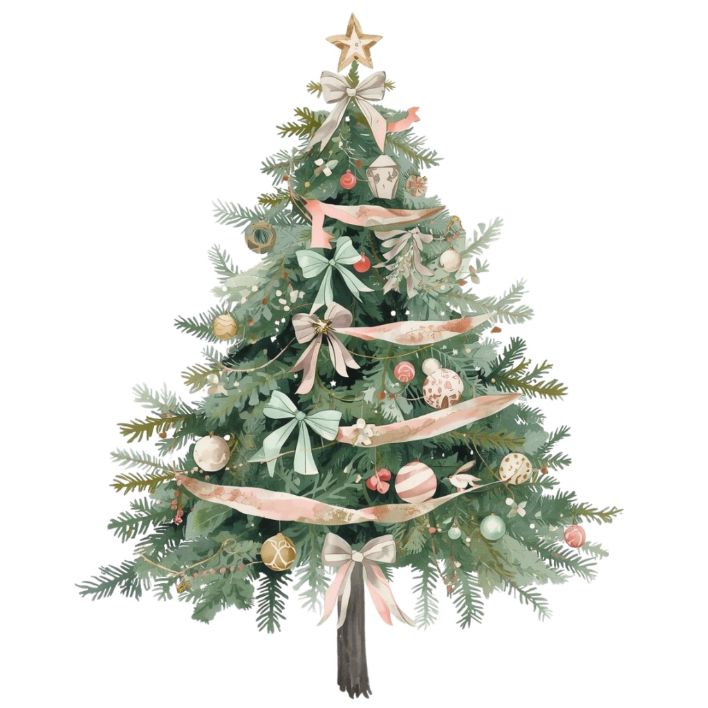 パステルカラーの可愛い海外クリスマスツリークリップアート(全10種/PNG)