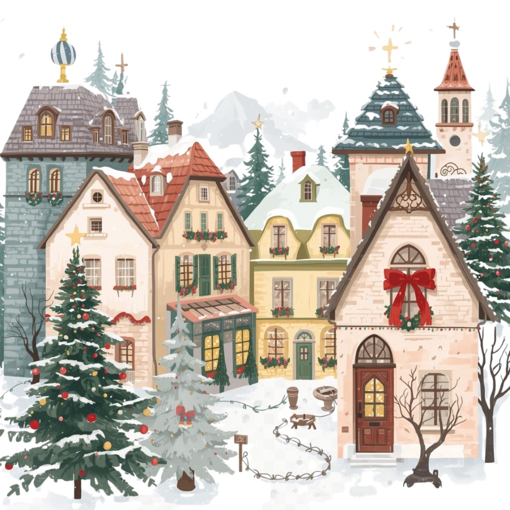 パステルカラーの可愛い海外クリスマスツリークリップアート(全10種/PNG)