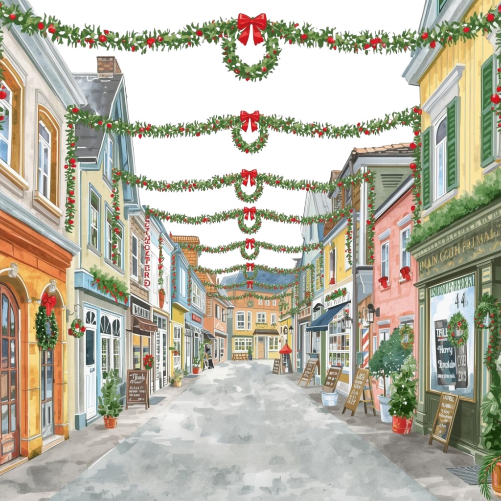 海外パークのクリスマスをテーマにした、水彩画風の可愛いクリップアートセット