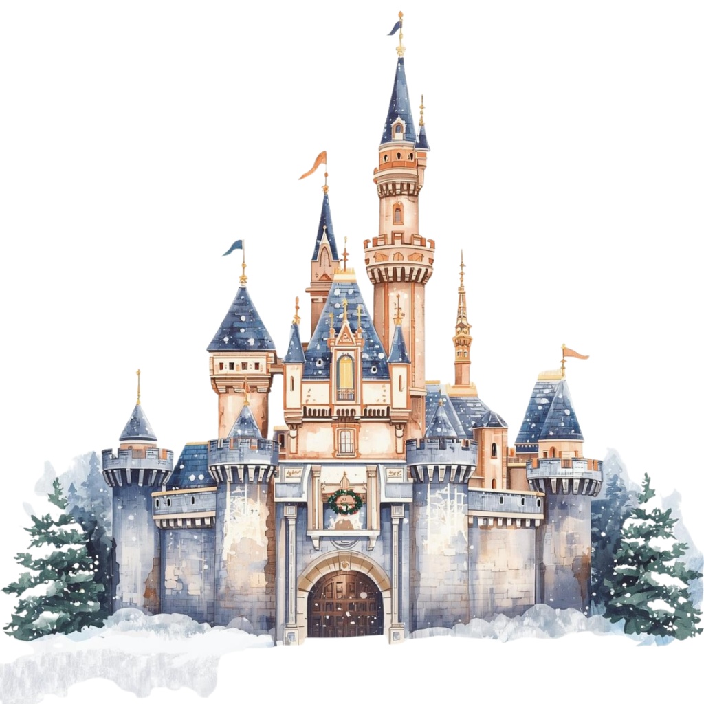 海外パークのクリスマスをテーマにした、水彩画風の可愛いクリップアートセット