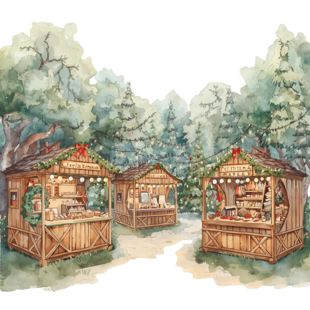 海外パークのクリスマスをテーマにした、水彩画風の可愛いクリップアートセット