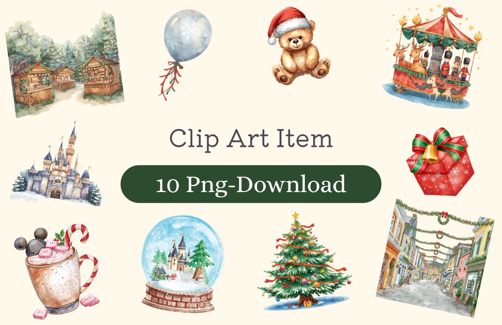 海外パークのクリスマスをテーマにした、水彩画風の可愛いクリップアートセット