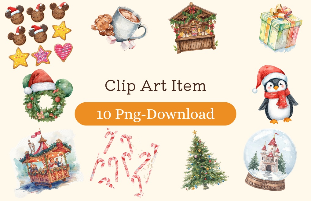 🎄海外パーククリスマスシリーズ|水彩風クリップアート(全10種・PNG背景透過)