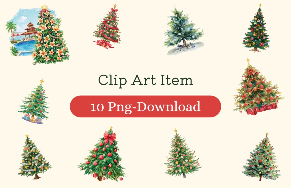 海外パークの雰囲気を感じる、可愛い水彩クリスマスツリークリップアート🎨✨