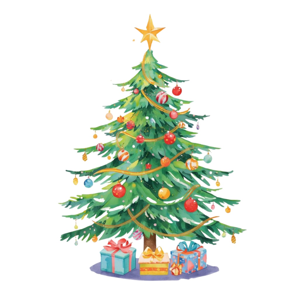 海外パークの雰囲気を感じる、可愛い水彩クリスマスツリークリップアート🎨✨