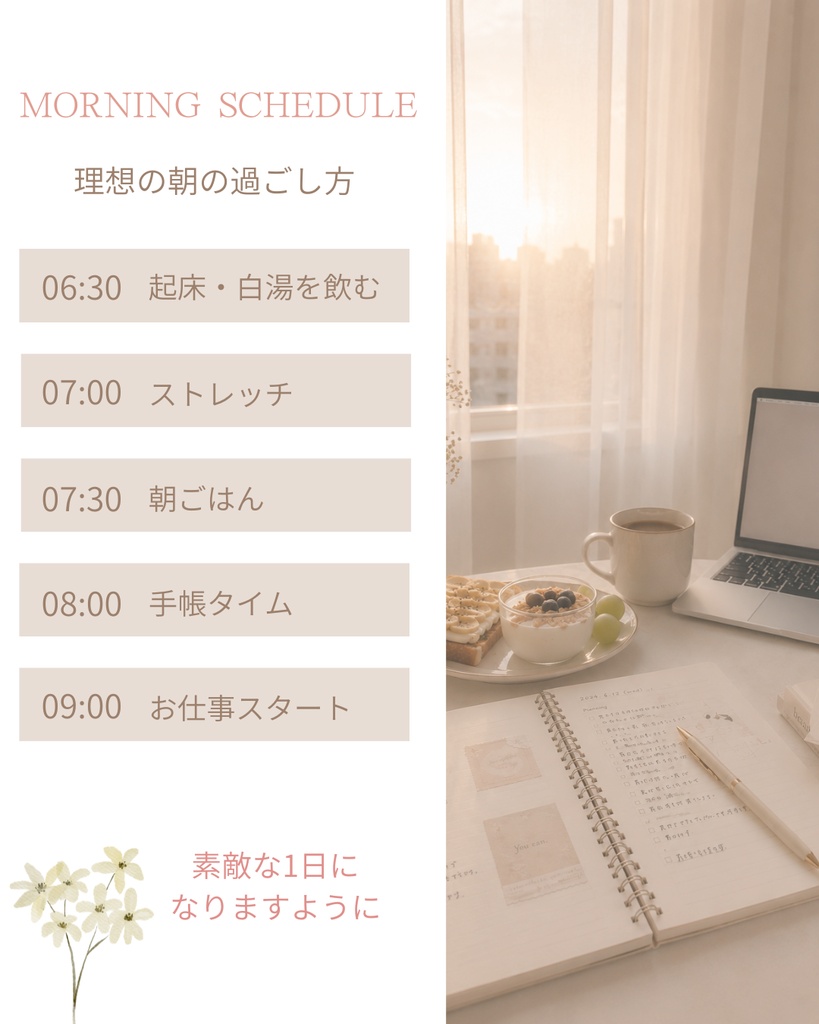朝活♡モーニングルーティーン Instagram投稿テンプレート10枚/Canva編集可