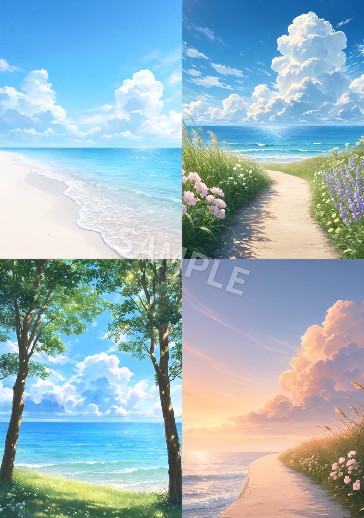 きらめく夏の海辺背景素材 12枚セット|青空と砂浜の風景