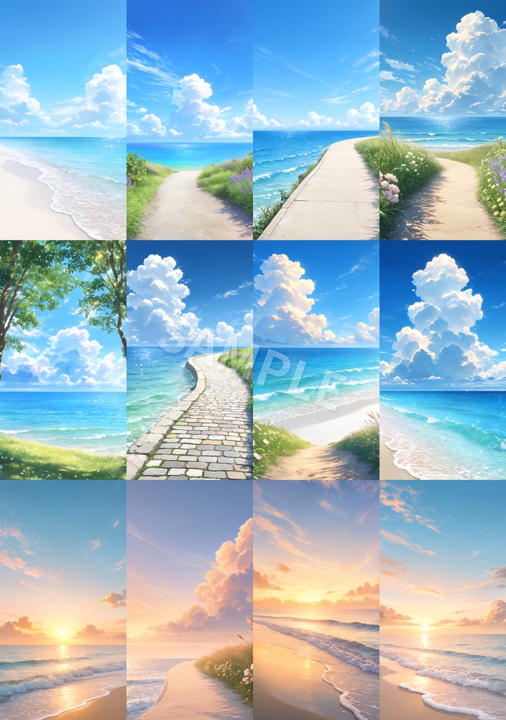 きらめく夏の海辺背景素材 12枚セット|青空と砂浜の風景