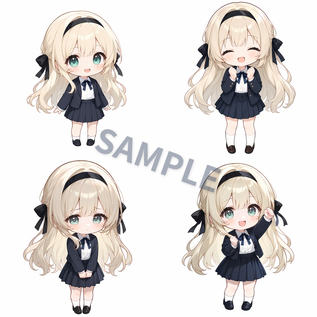 金髪制服女子のSDちびキャラ素材 12枚セット|表情・ポーズ差分