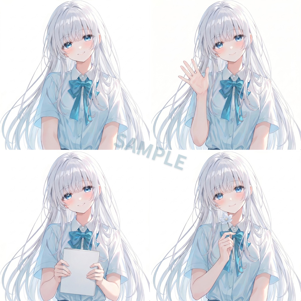【素材12枚】銀髪青眼の制服女子イラスト素材|表情・ポーズ差分・商用利用OK