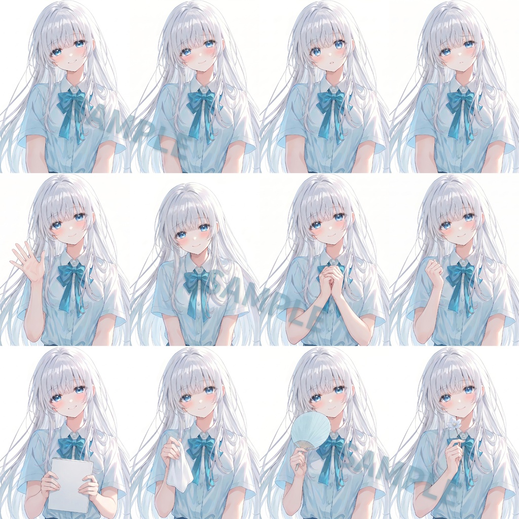 【素材12枚】銀髪青眼の制服女子イラスト素材|表情・ポーズ差分・商用利用OK