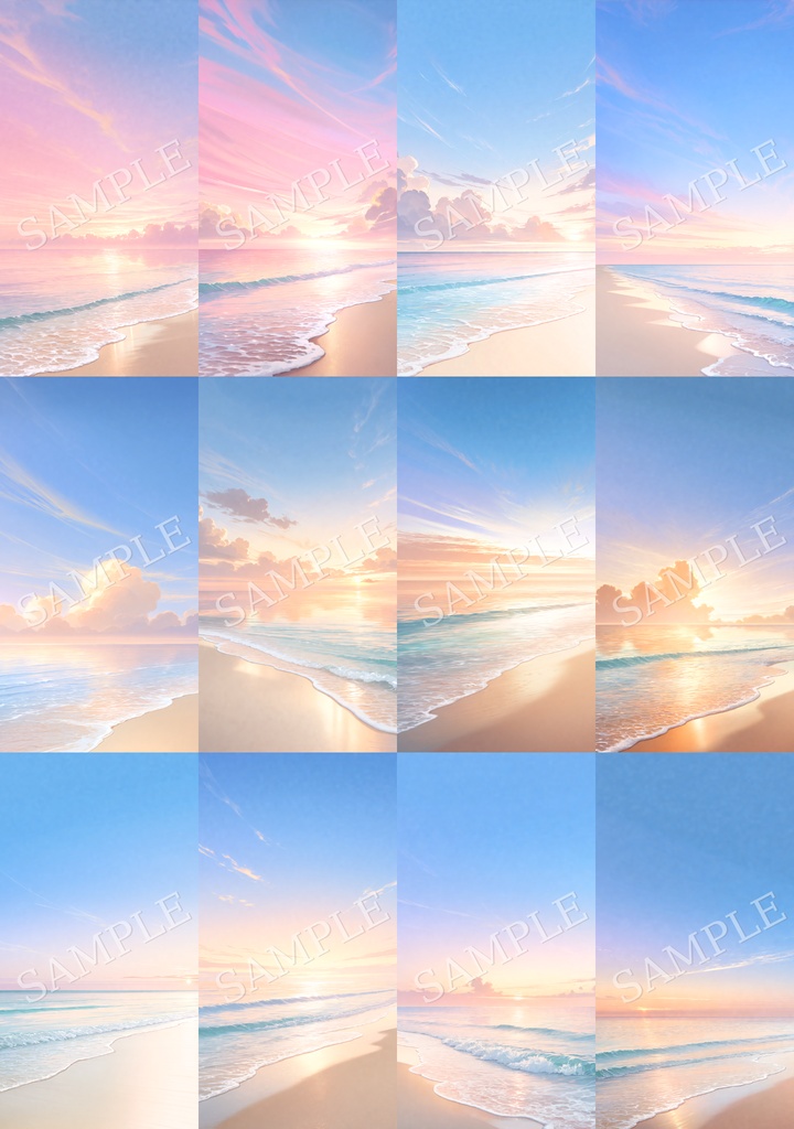 【背景素材12枚】夕空と静かな夏の海辺|やさしい夕暮れの海景色