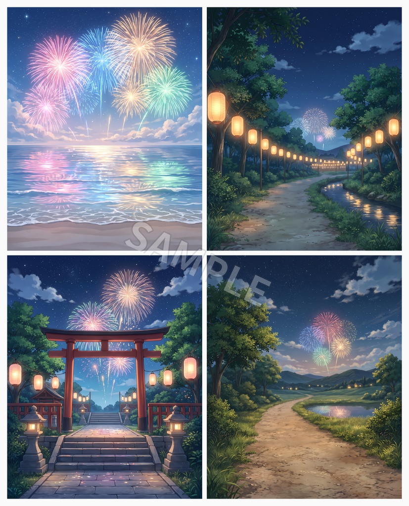 【背景素材12枚】夏夜の花火と海辺|夜空ときらめく夏の風景