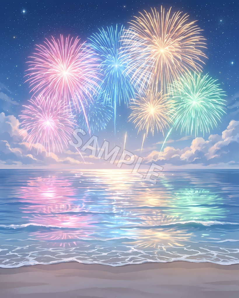 【背景素材12枚】夏夜の花火と海辺|夜空ときらめく夏の風景