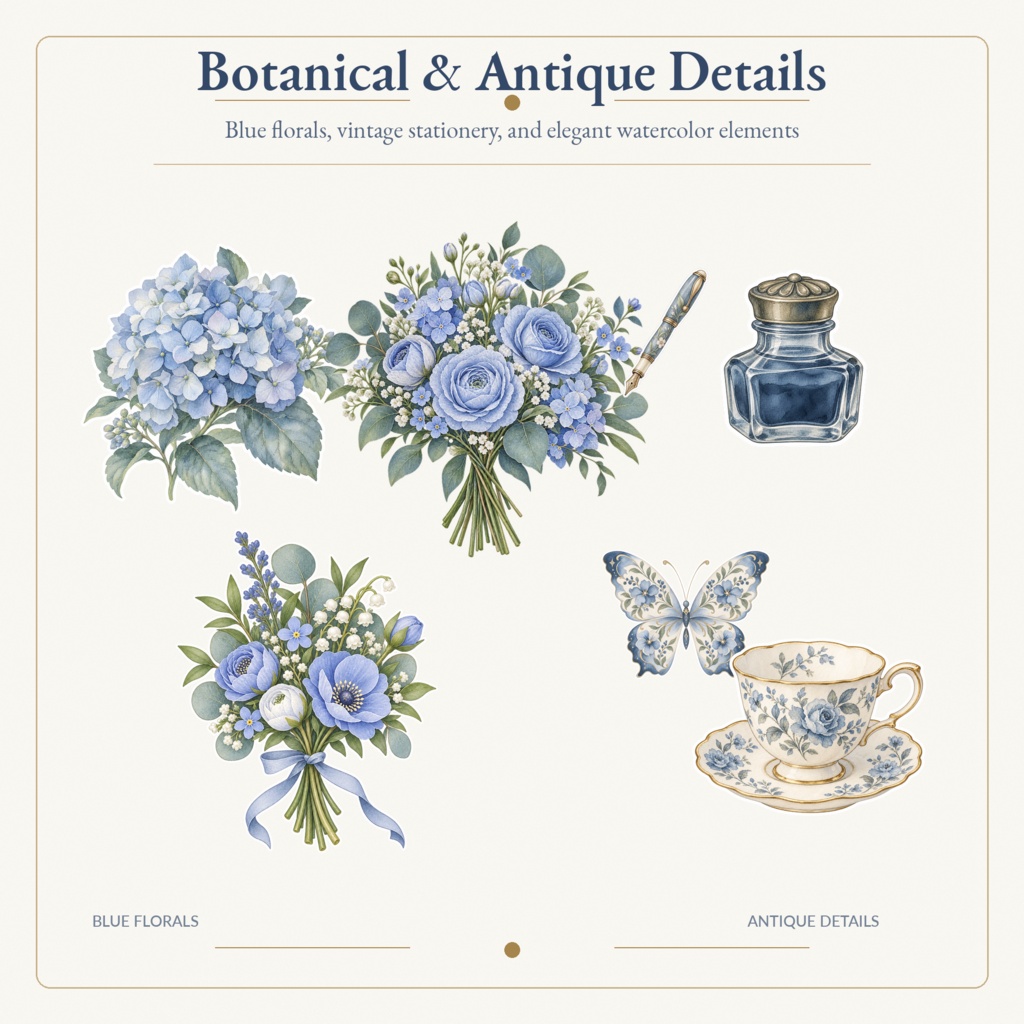 Antique Blue Garden|水彩ボタニカル&アンティーク デジタルプランナーステッカー96点【背景透過PNG】