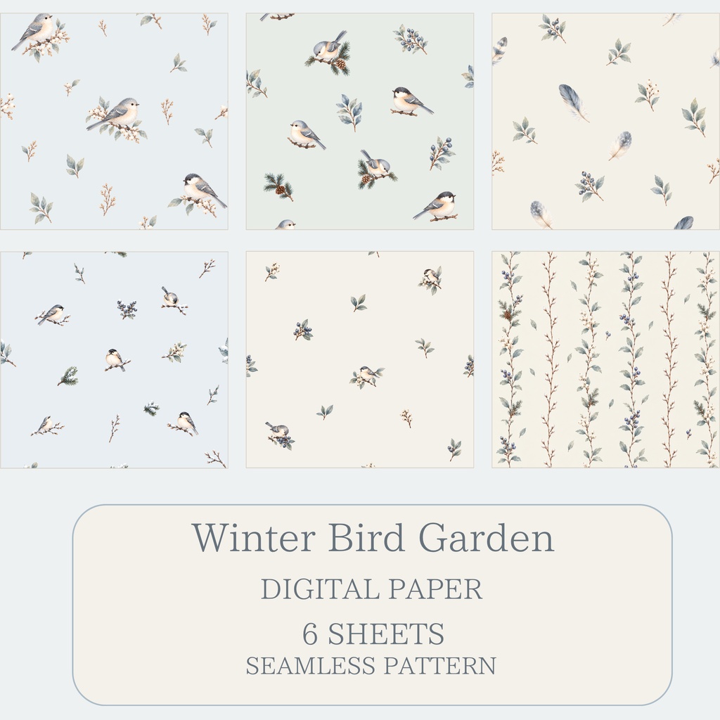 Winter Bird Garden｜冬の小鳥と植物の水彩シームレスデジタルペーパー 6枚セット