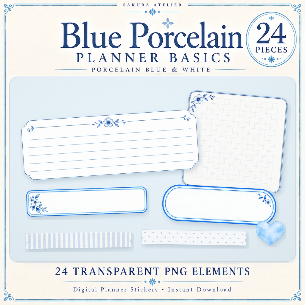 Blue Porcelain Planner Basics｜デジタルプランナー素材24点｜背景透過PNG・青花・白磁