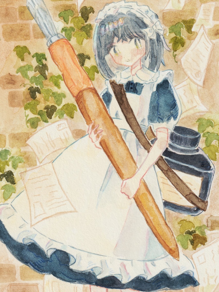ハガキサイズ原画　インクのメイドさん