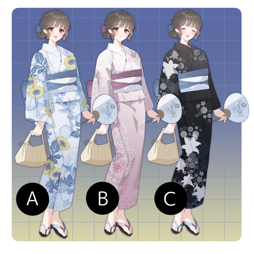 立ち絵素材38【浴衣/女性】カラー3種/表情6種