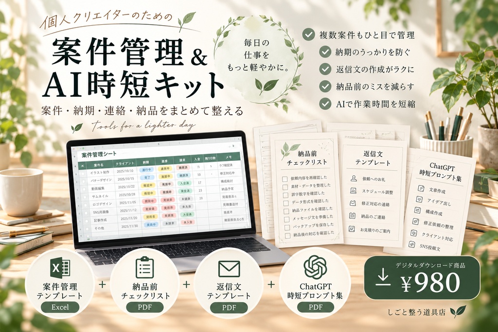 個人クリエイター向け｜案件管理＆AI時短キット【Excel・PDF】