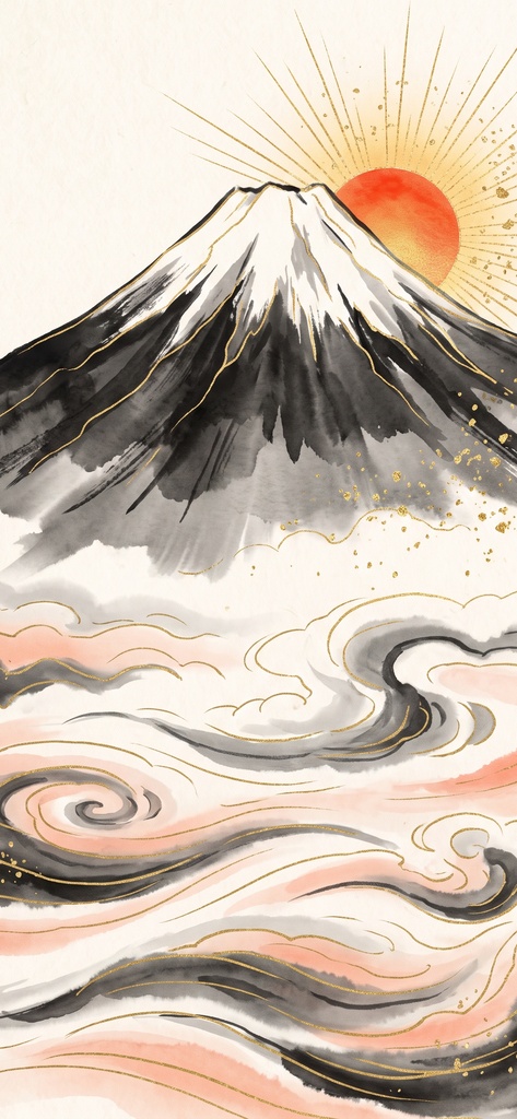 風水 八宅派の「生気」の方位|朝日と富士山の絵6枚と解説のセット(A4・A3 相当の印刷用PDF+スマホ壁紙)(絵は AI 生成)